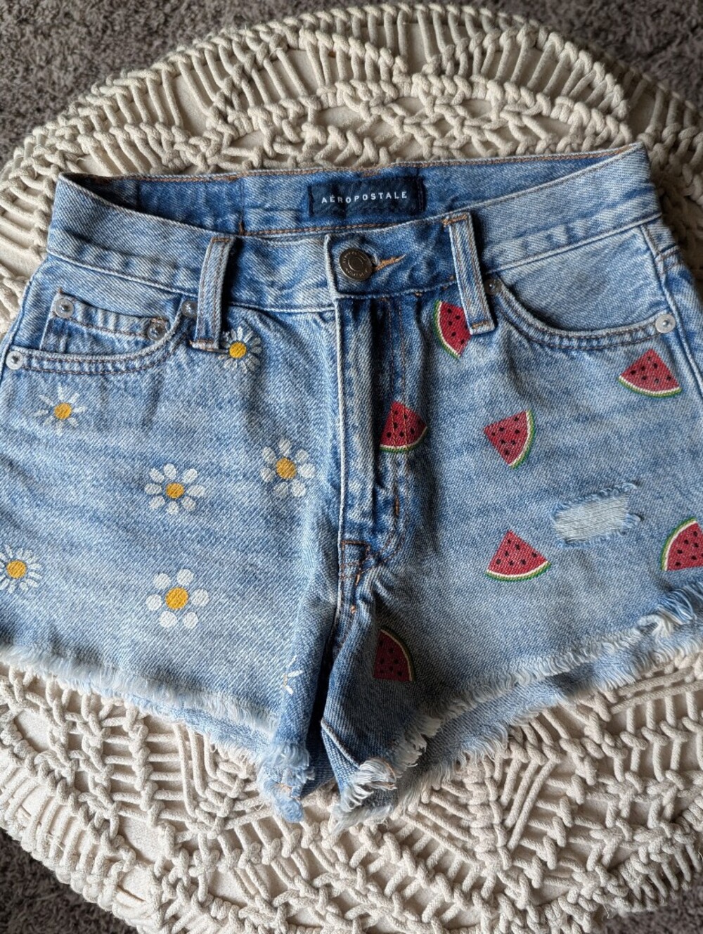 Aeropostale High Rise Denim Shorts with Daisy & Watermelon